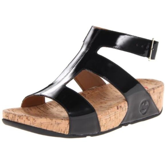 Fitflop Arena Sandal Women Sz 10 Black Patent Leather Ankle Strap Gladiator CorK - Picture 1 of 9